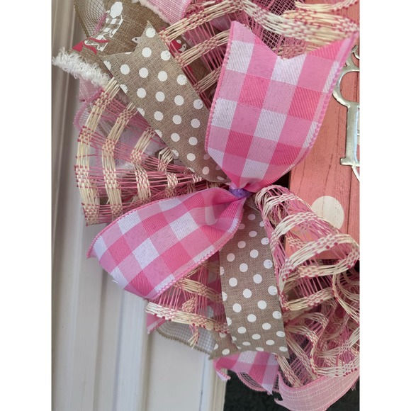 Beige Pink Easter Blessings Deco Mesh Ribbon Spring Wreath Front Door Hanger - Picture 4 of 8